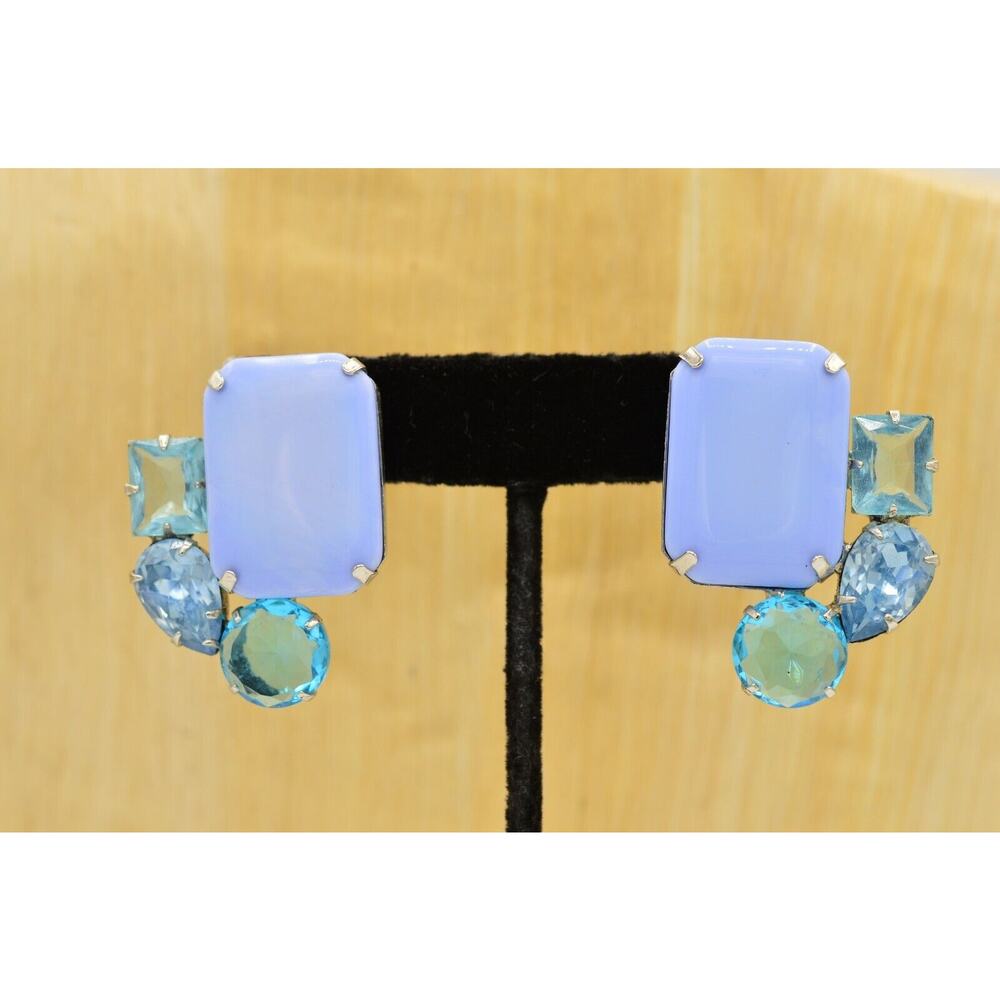 Vintage Cabochon Clip On Earrings Multi Blue Rhinestone Crystal Bezel 1980s W5